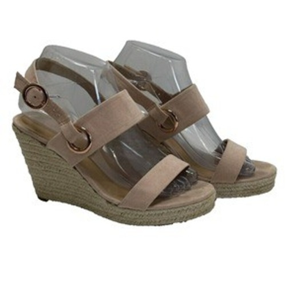 Open Toe Heal Sandals Shoes Beige Pink Espadrille Wedge Strap 7.5 Summer Wedding